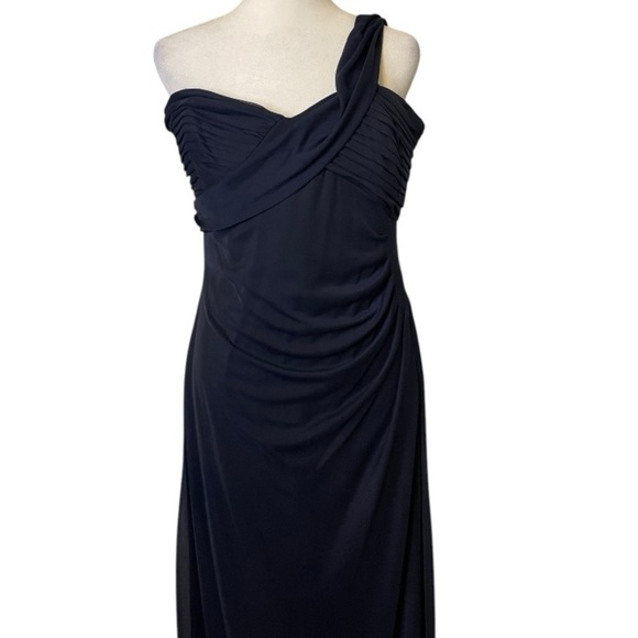 Alex Evening Chiffon One-Shoulder Bodice Wedding Formal Dress Dark Navy Blue - Picture 3 of 9